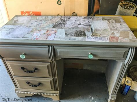 farm desk with decoupage fabric